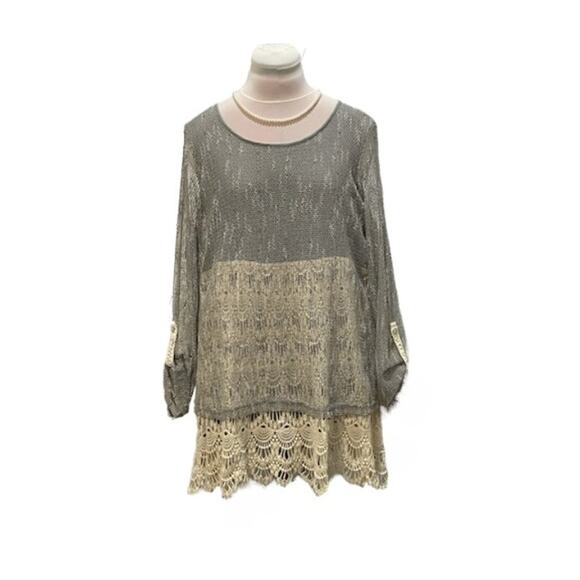 KRAZY KAT Womens L Grey Cream Mesh Lace Artsy Tunic Sparkle Fairy Beach Mermaid - Picture 1 of 6
